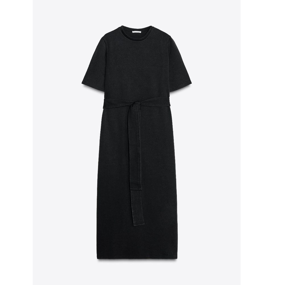 Zara Black Maxi T-Shirt Dress with Waist Tie